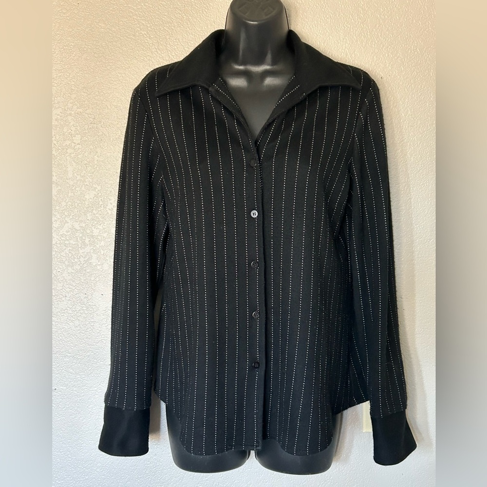 Chapter One Button Up Shirt Jacket Shacket Black Pinstripe Business Casual Soft